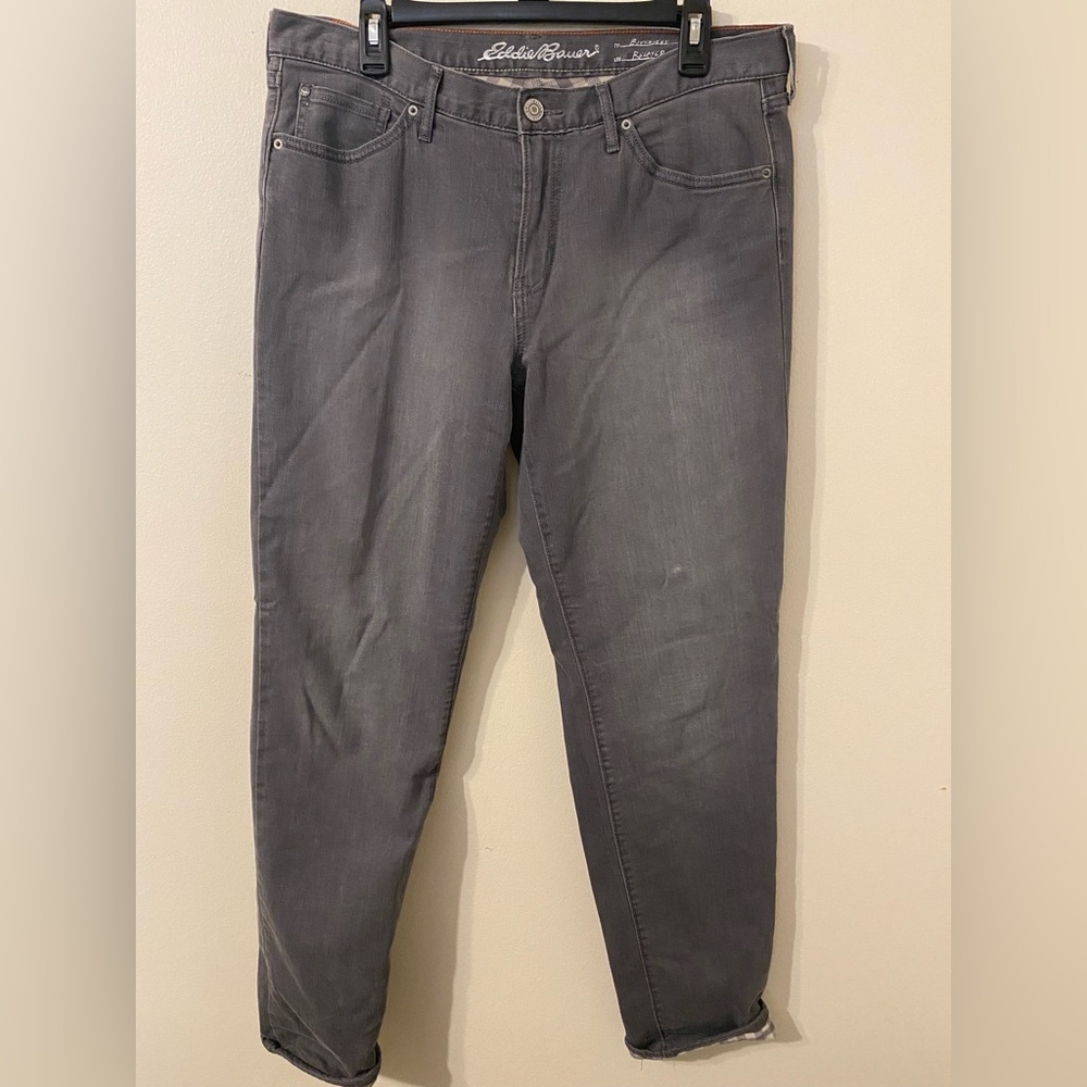 Womens Eddie Bauer Gray Wash Boyfriend Fit Relaxed Flannel Lined Jeans 34" Waist